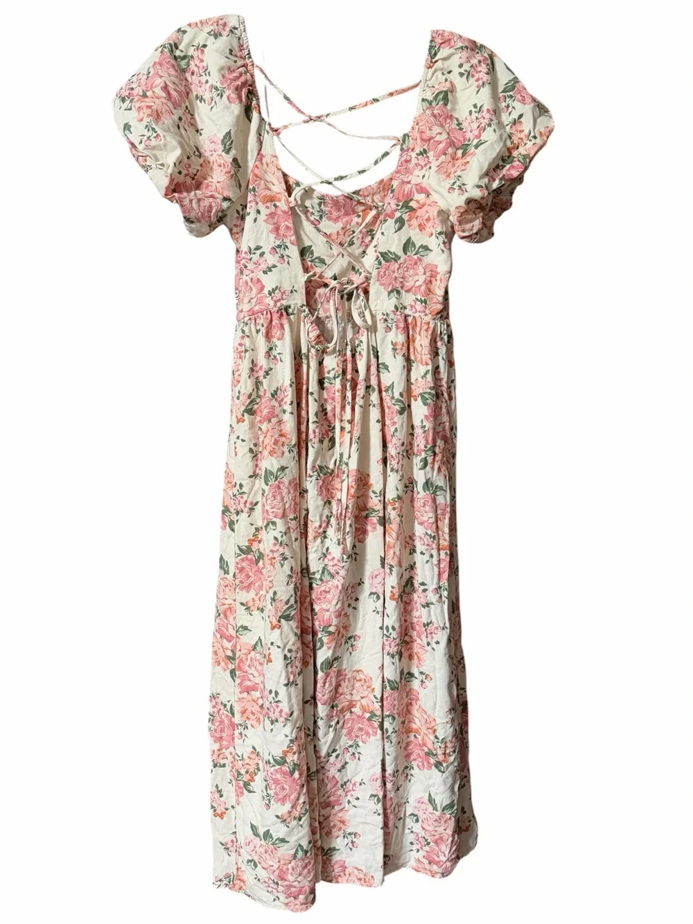 Altar'd State Floral Linen Blend Corset Lace-Up Back Puff Sleeve Midi Dress Med